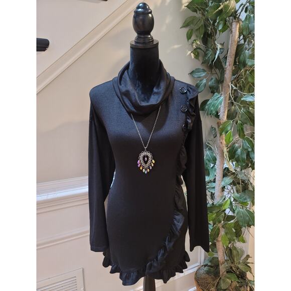 Multiples Sweater Women's Large Black Cowl Neck Long Sleeve Ruffle Hem Stretch - Picture 2 of 13